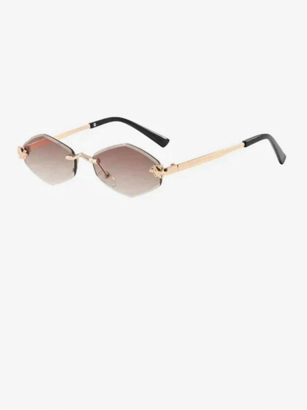 Brown Rimless Hexagon Sunglasses with Gold Patterned Temples.New .